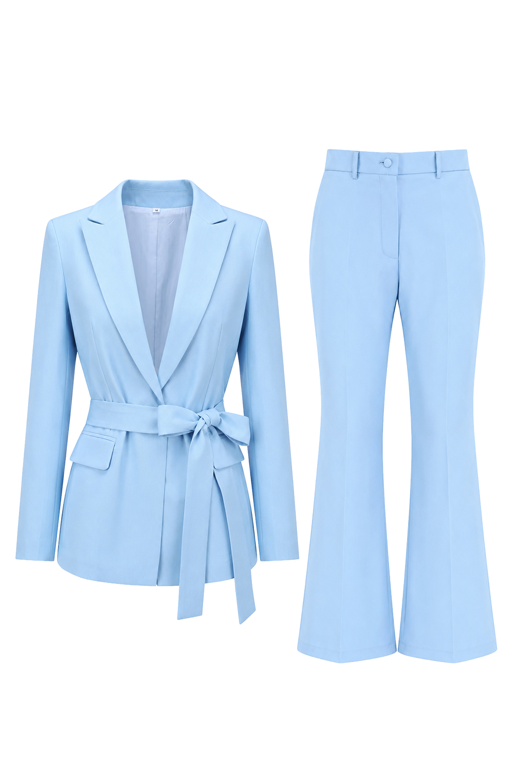 Blue 2 Piece Peak Lapel Wide Leg Business Suits with Sash