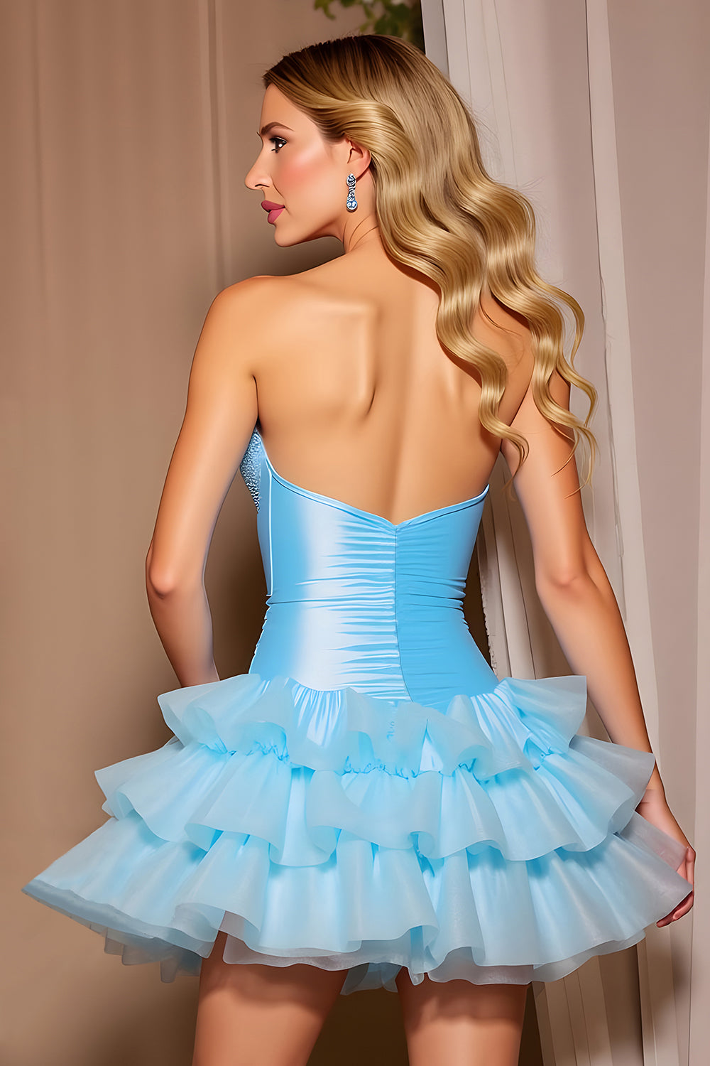 Sparkly Blue Short Corset Tiered Homecoming Dress with Beading
