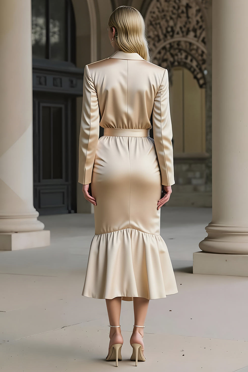 Champagne Mermaid Satin Notched Lapel Midi Work Dress with Buttons