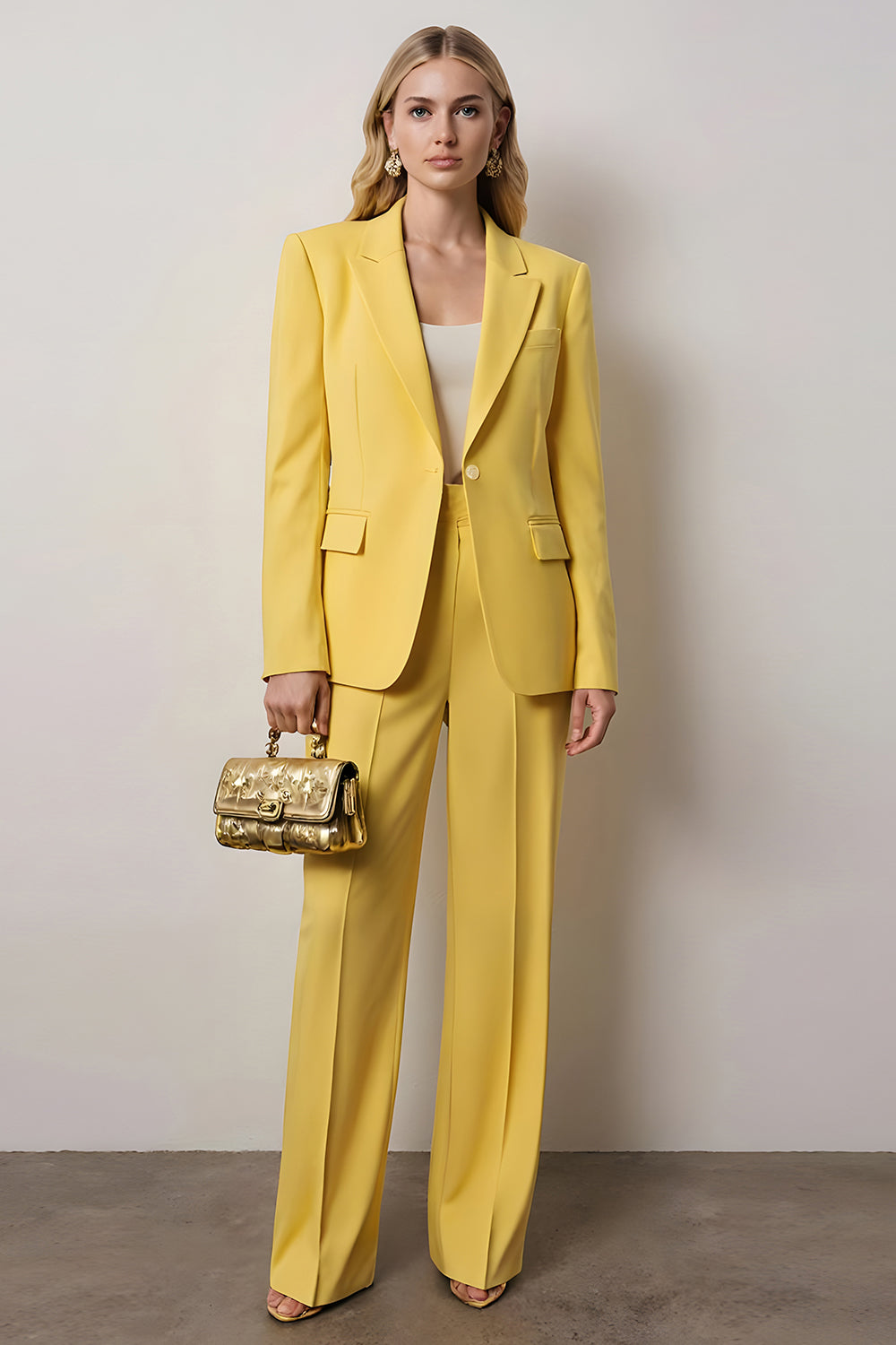  2 Piece Satin Yellow Notched Lapel Business Suits with Sleeves