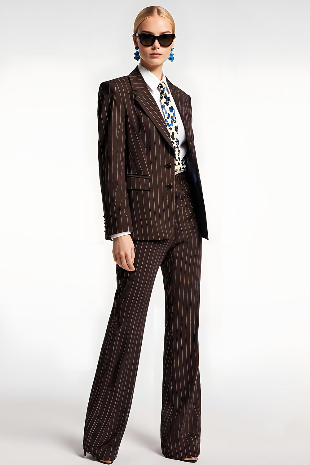 2 Piece Coffee Notched Lapel Striped Long Sleeves Business Suits with Pockets