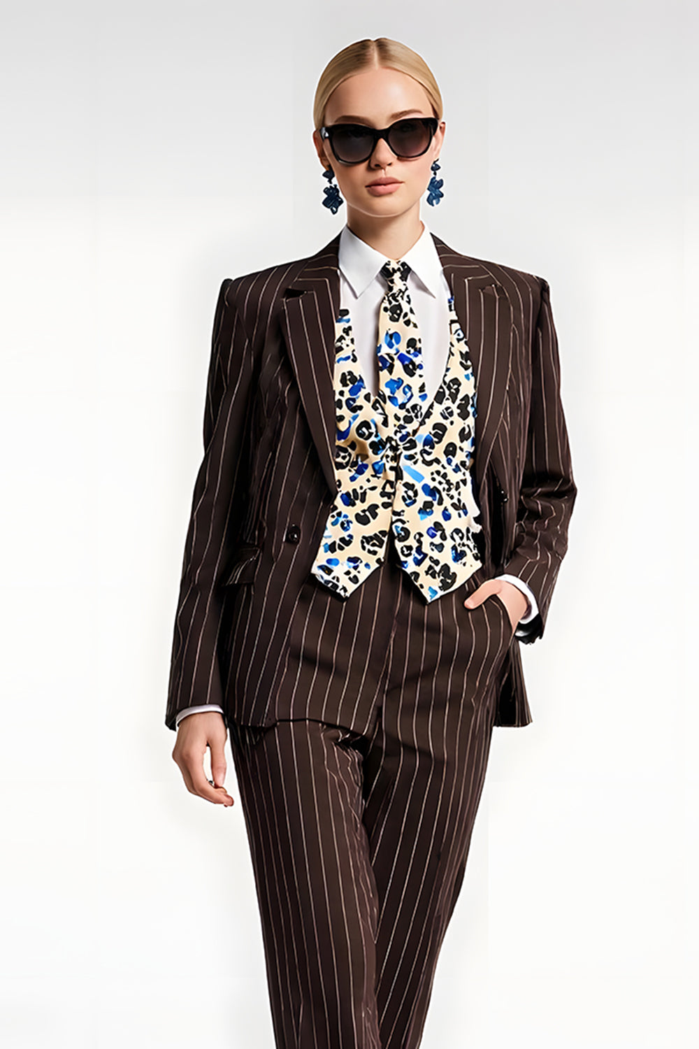  2 Piece Coffee Notched Lapel Striped Long Sleeves Business Suits with Pockets