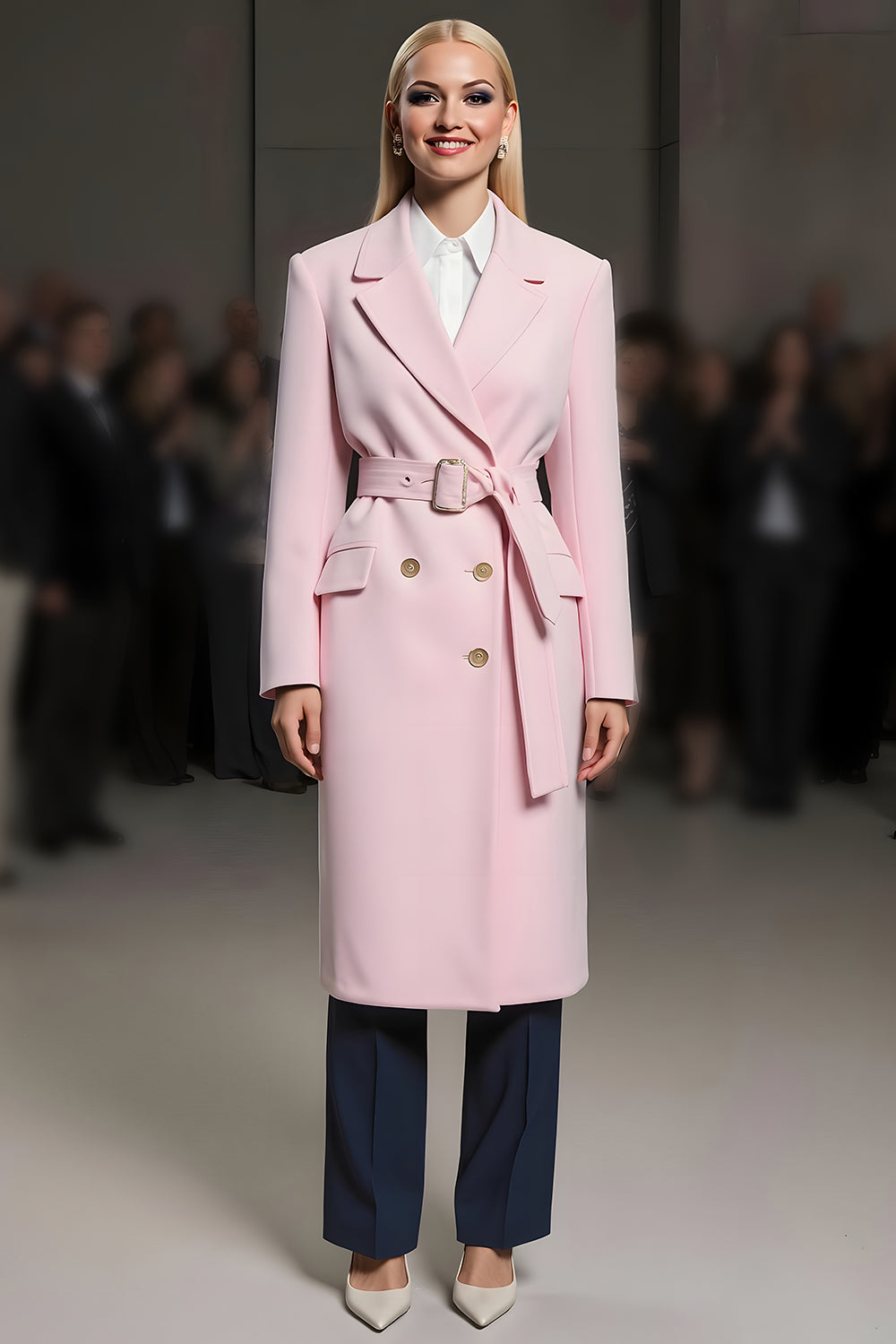 Pink Satin Notched Lapel Buttons Women Blazer with Belt