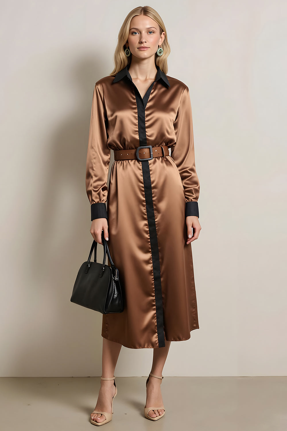 Coffee Collar Neck Satin Midi Work Dress with Belt