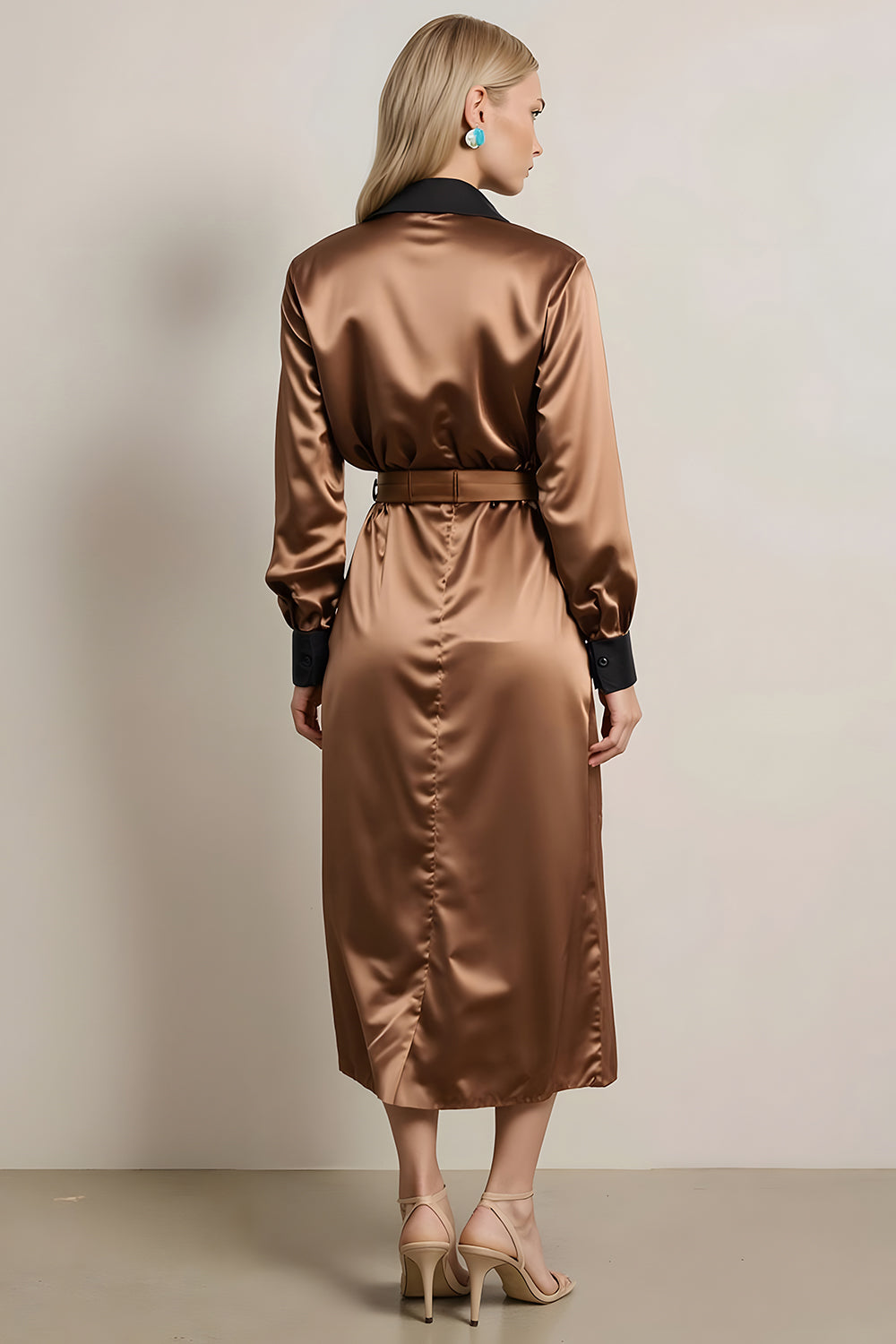 Coffee Collar Neck Satin Midi Work Dress with Belt