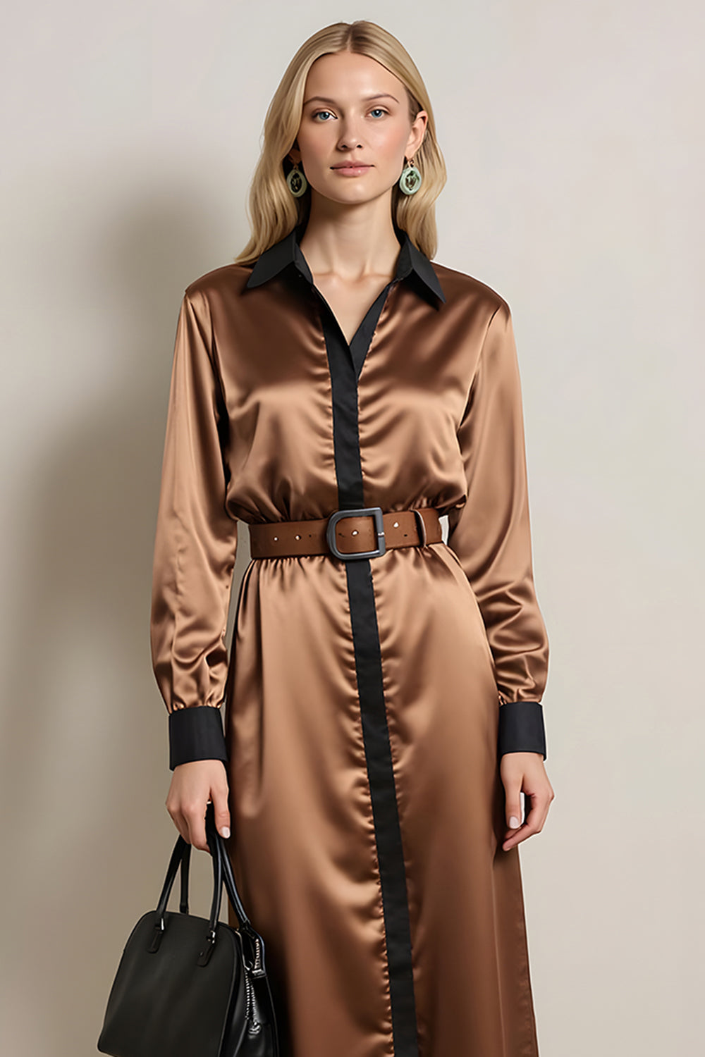 Coffee Collar Neck Satin Midi Work Dress with Belt