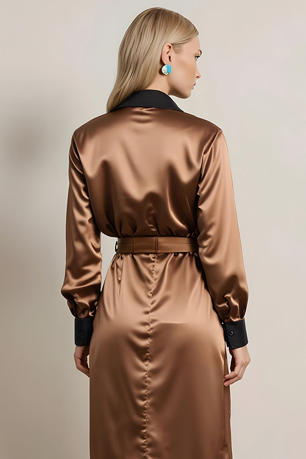 Coffee Collar Neck Satin Midi Work Dress with Belt