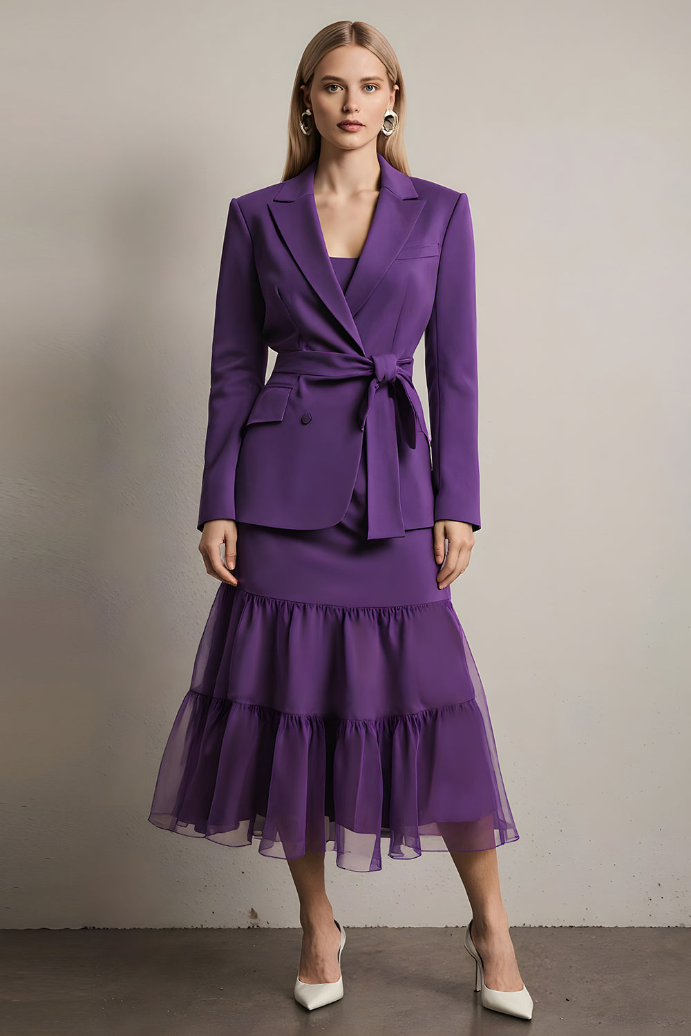 2 Piece Dark Purple Notched Lapel Midi Business Suits with Sash