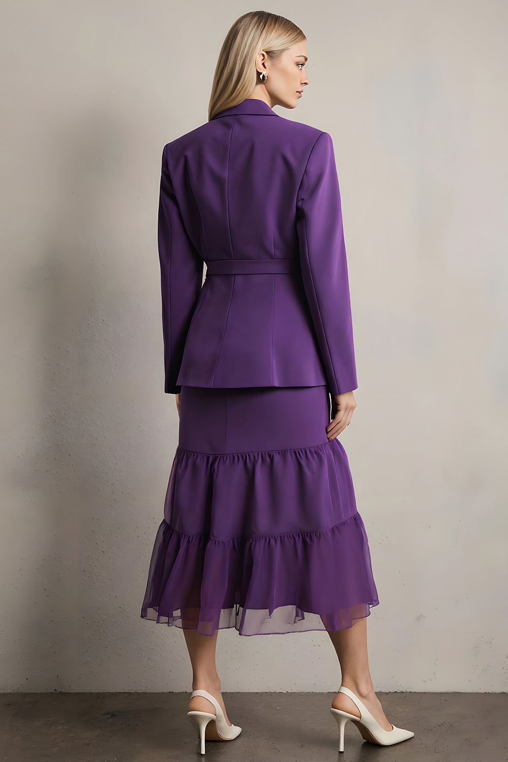 2 Piece Dark Purple Notched Lapel Midi Business Suits with Sash