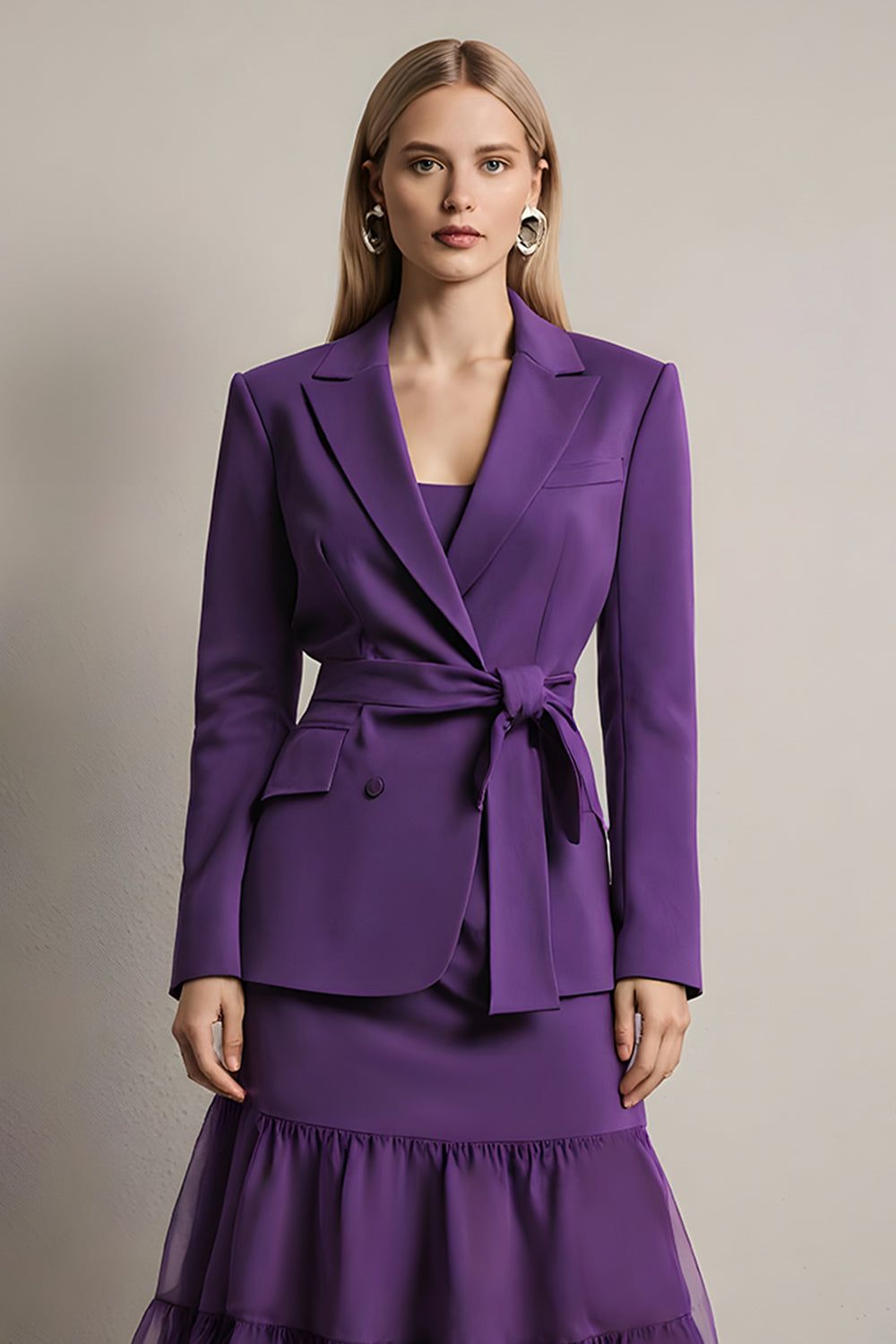 2 Piece Dark Purple Notched Lapel Midi Business Suits with Sash