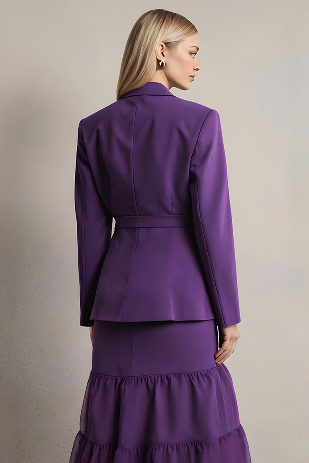 2 Piece Dark Purple Notched Lapel Midi Business Suits with Sash