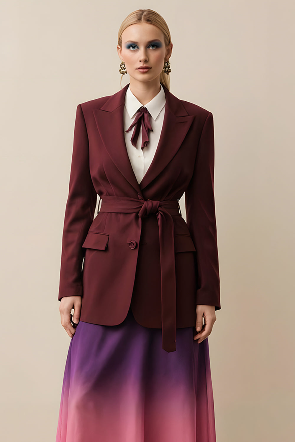 Burgundy Peak Lapel Slim FIt Women Blazer with Sash
