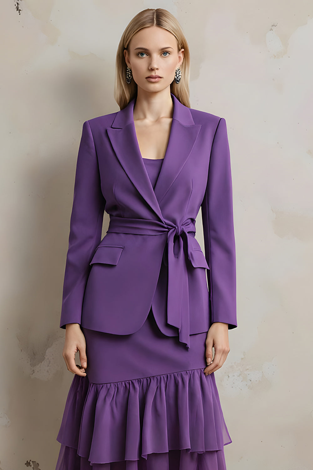 2 Piece Dark Purple Long Sleeves Peak Lapel Business Suits with Sash