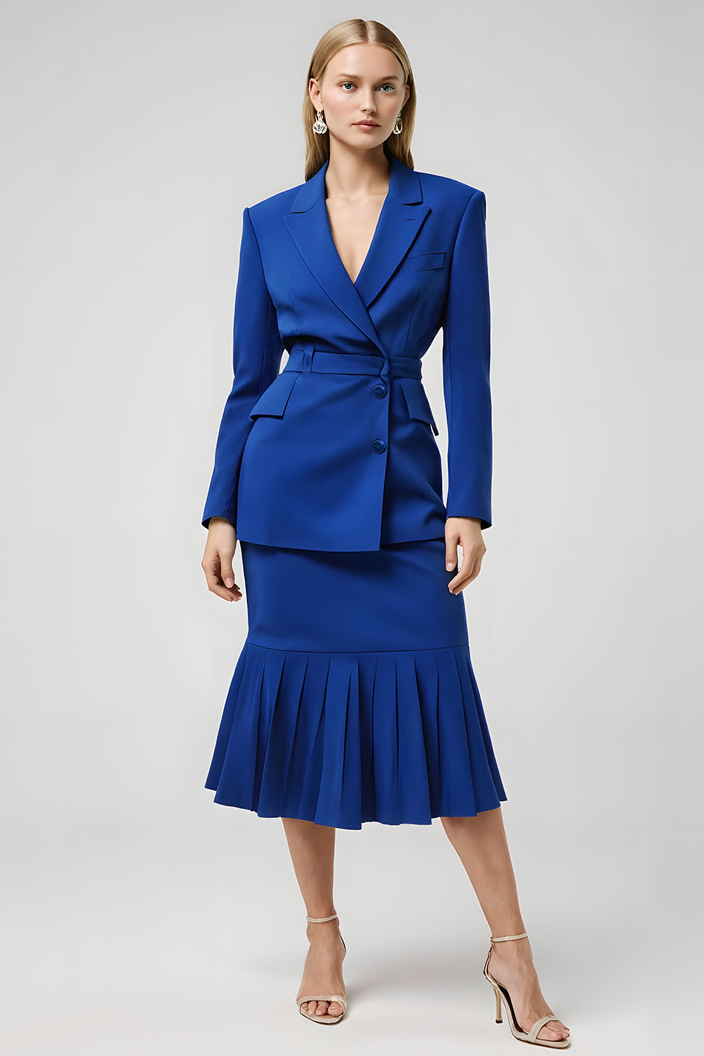 2 Piece Royal Blue Solid Notched Lapel Midi Business Suits