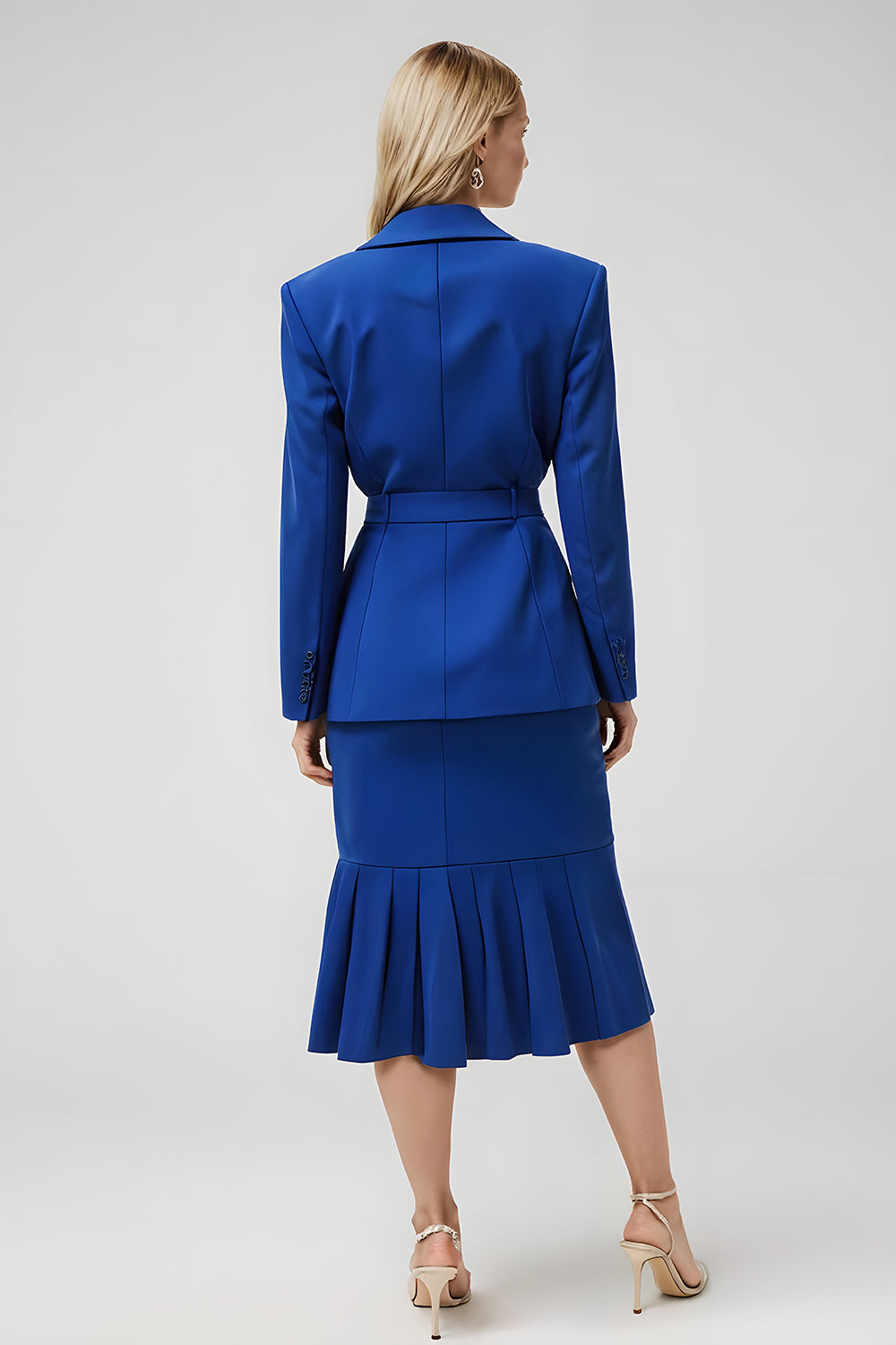 2 Piece Royal Blue Solid Notched Lapel Midi Business Suits