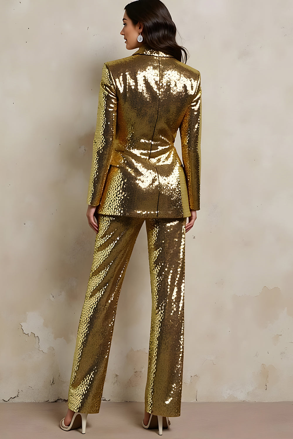 Sparkly Golden Sequins Peak Lapel Women Party Suits