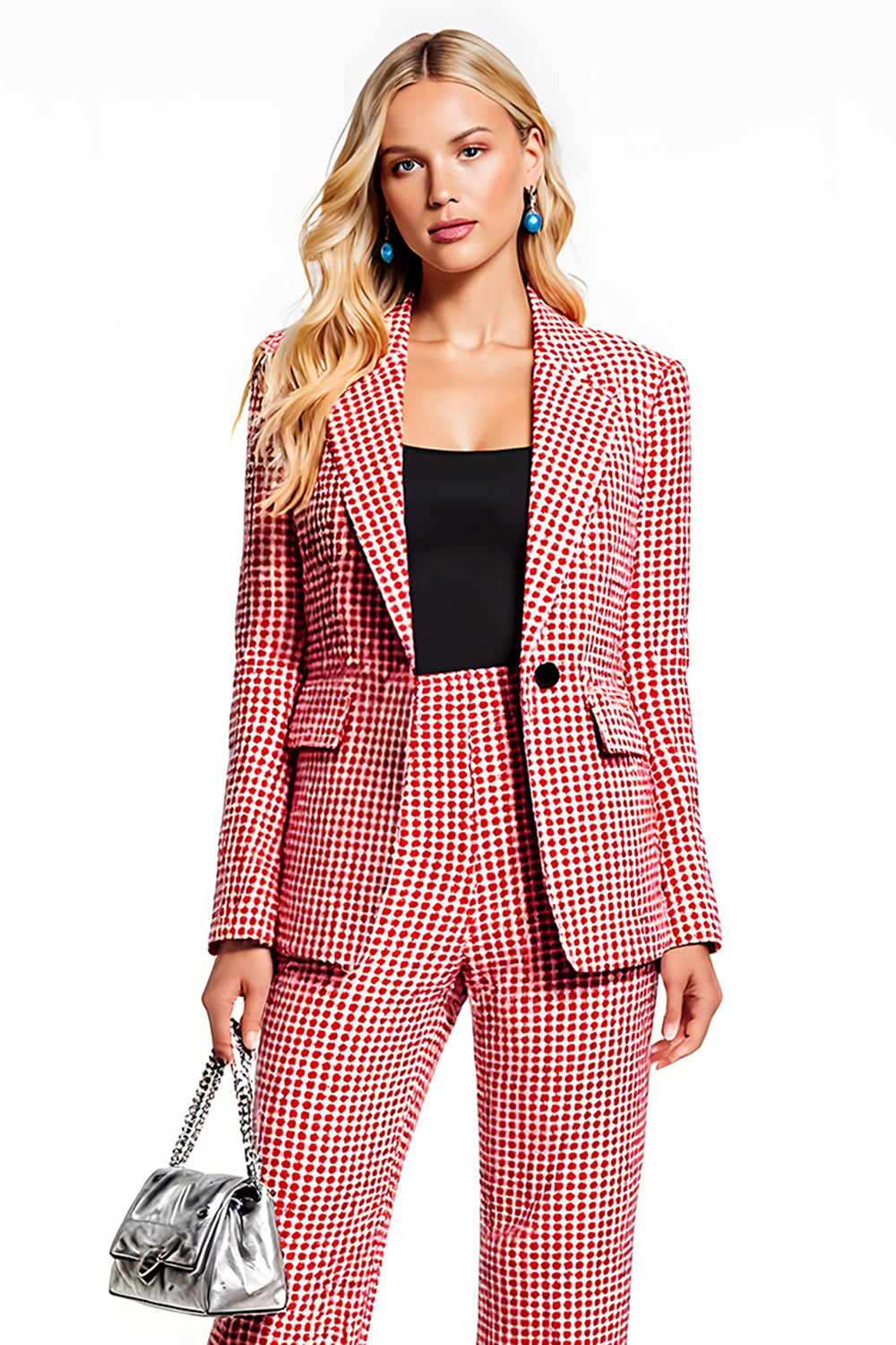 2 Piece Red One Button Plaid Wide Leg Business Suits