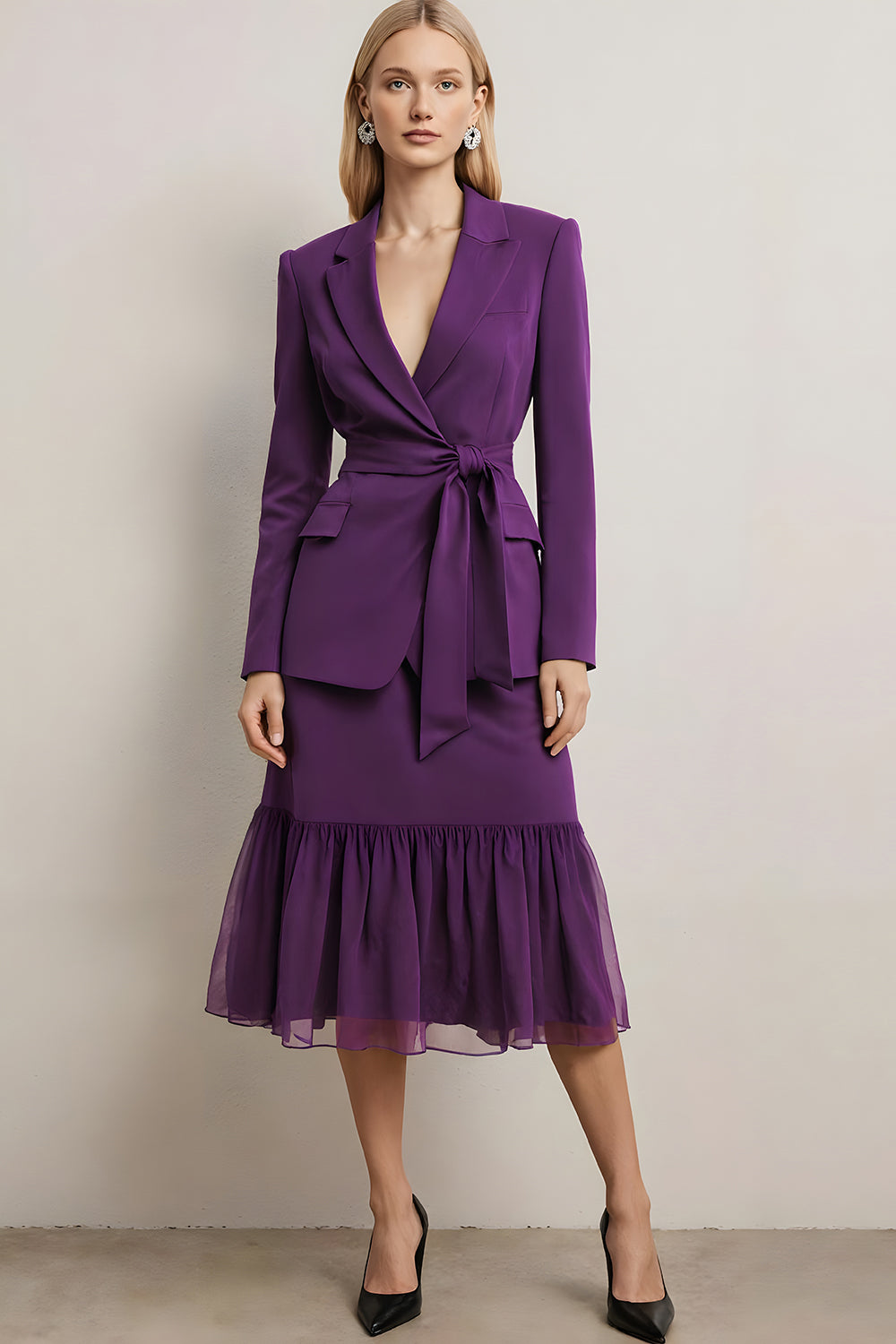 2 Piece Dark Purple Notched Lapel Midi Skirt Business Suits with Sash