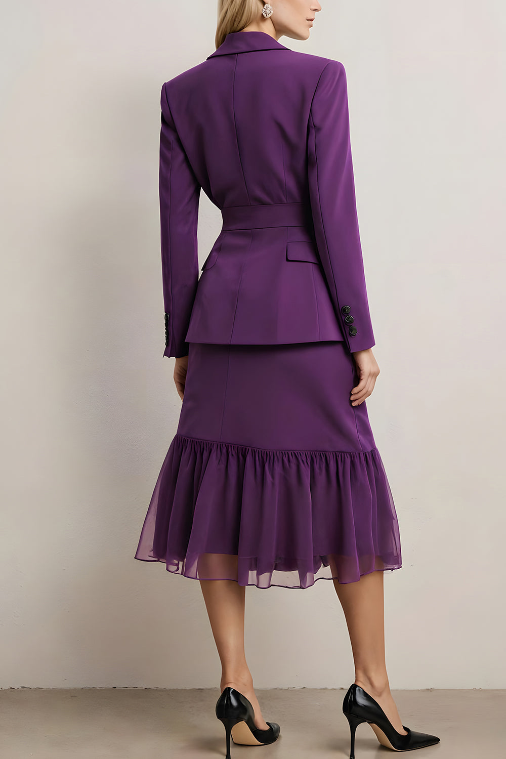 2 Piece Dark Purple Notched Lapel Midi Skirt Business Suits with Sash