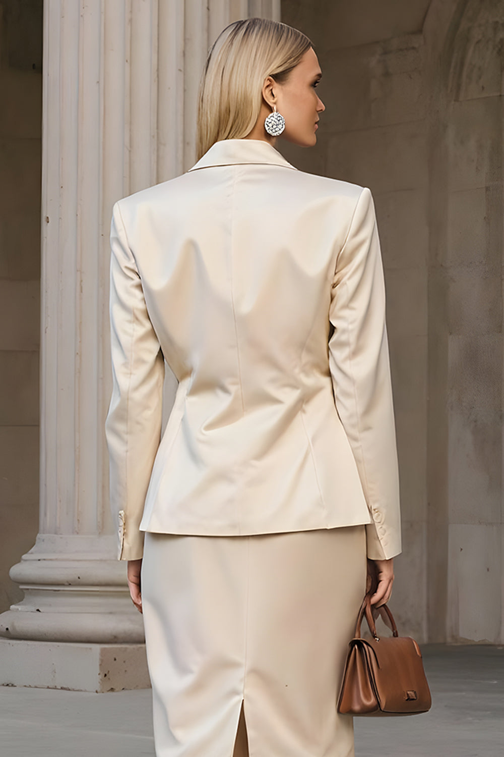 2 Piece Champagne Pencil Single Breasted Midi Business Suits with Slit