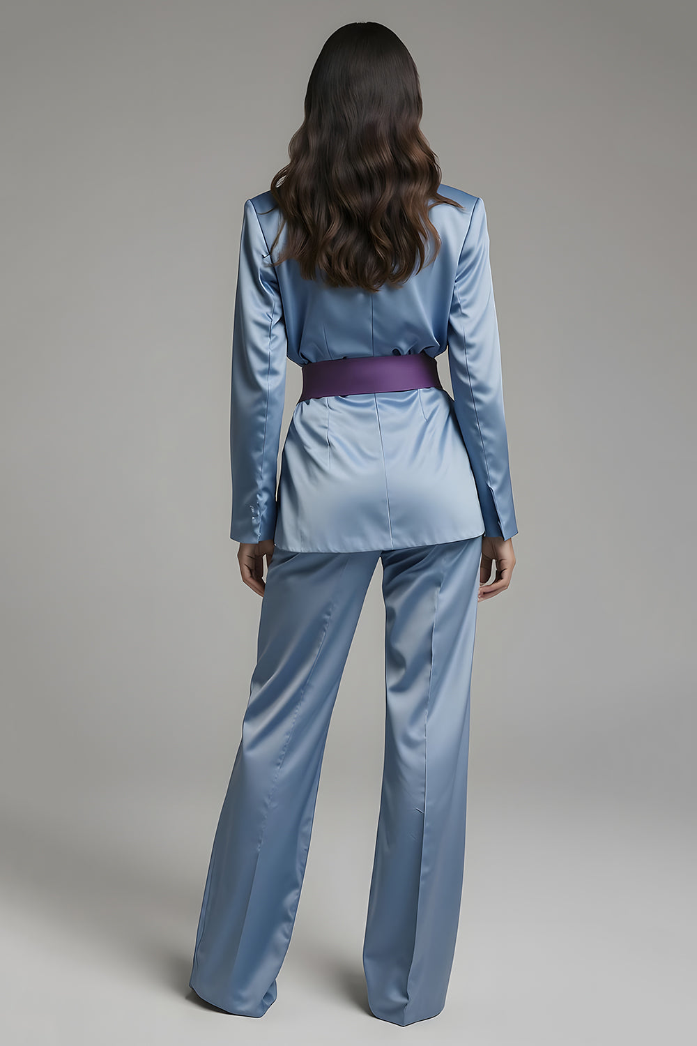 2 Piece Grey Blue Notched Lapel Business Suits with Belt