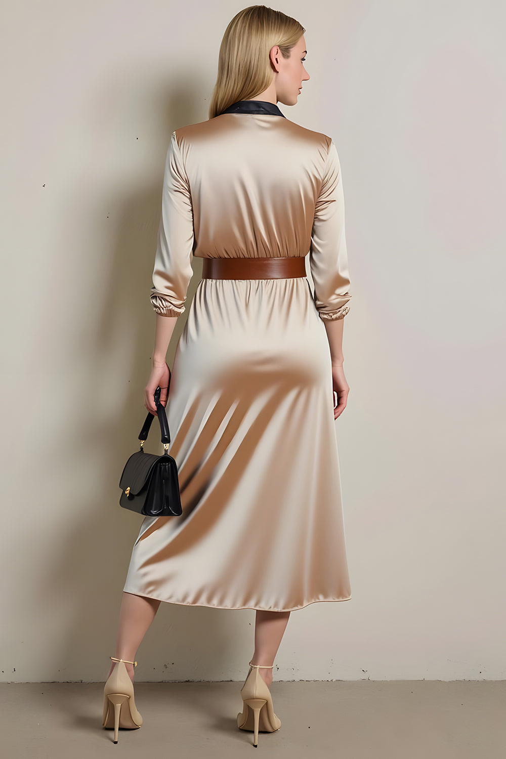 Champagne Collar Neck Long Sleeves Work Dress with Belt