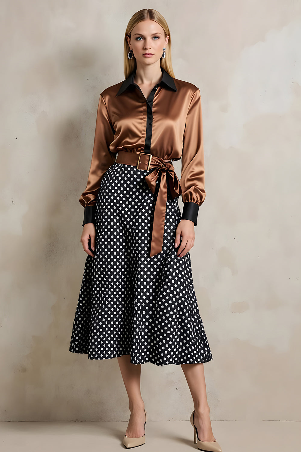 2 Piece Brown Black Dots A Line Collar Neck Midi Work Outfits with Belt