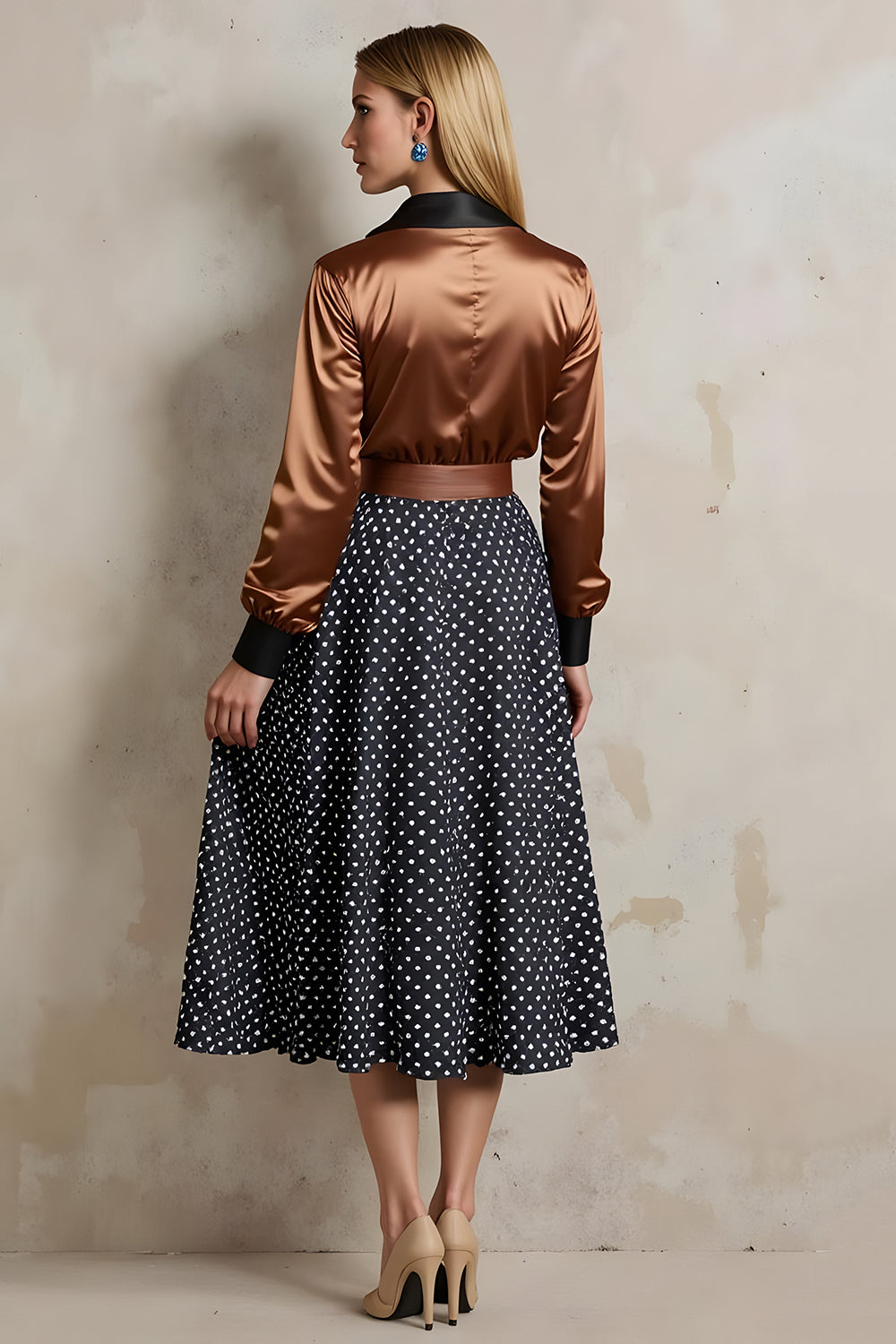 2 Piece Brown Black Dots A Line Collar Neck Midi Work Outfits with Belt