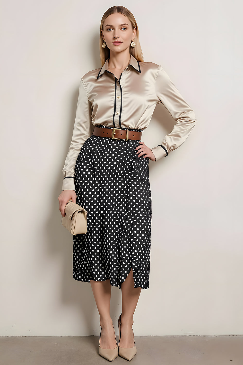 2 Piece Champagne Black Dots Collar Neck Pencil Midi Work Outfits with Belt