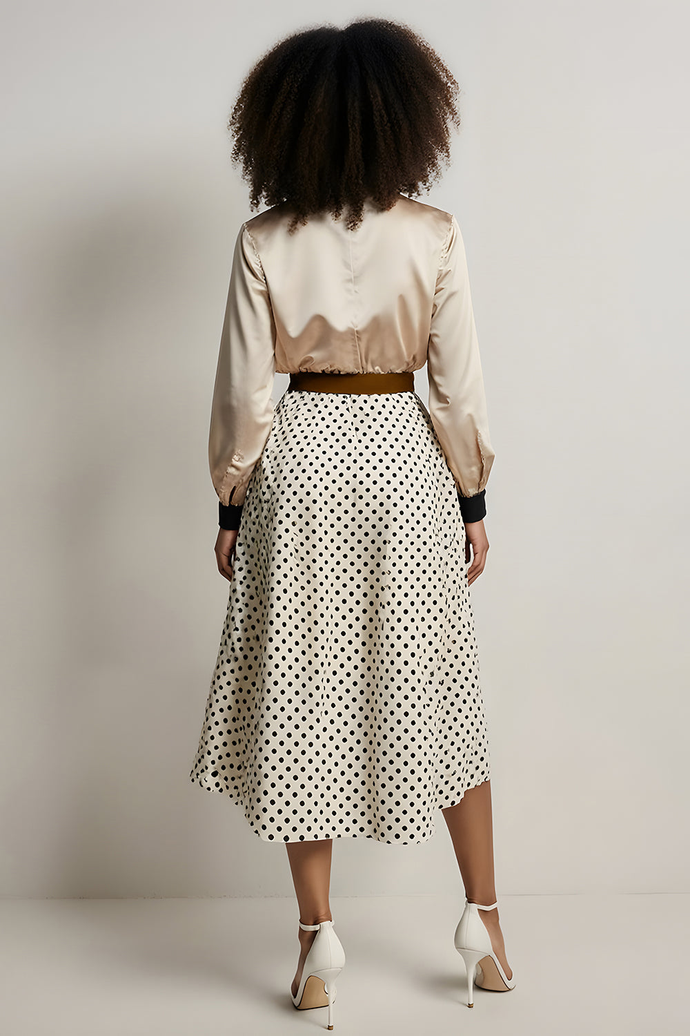 Champagne 2 Piece A-Line Satin Polka Dot Long Sleeves Midi Workwear