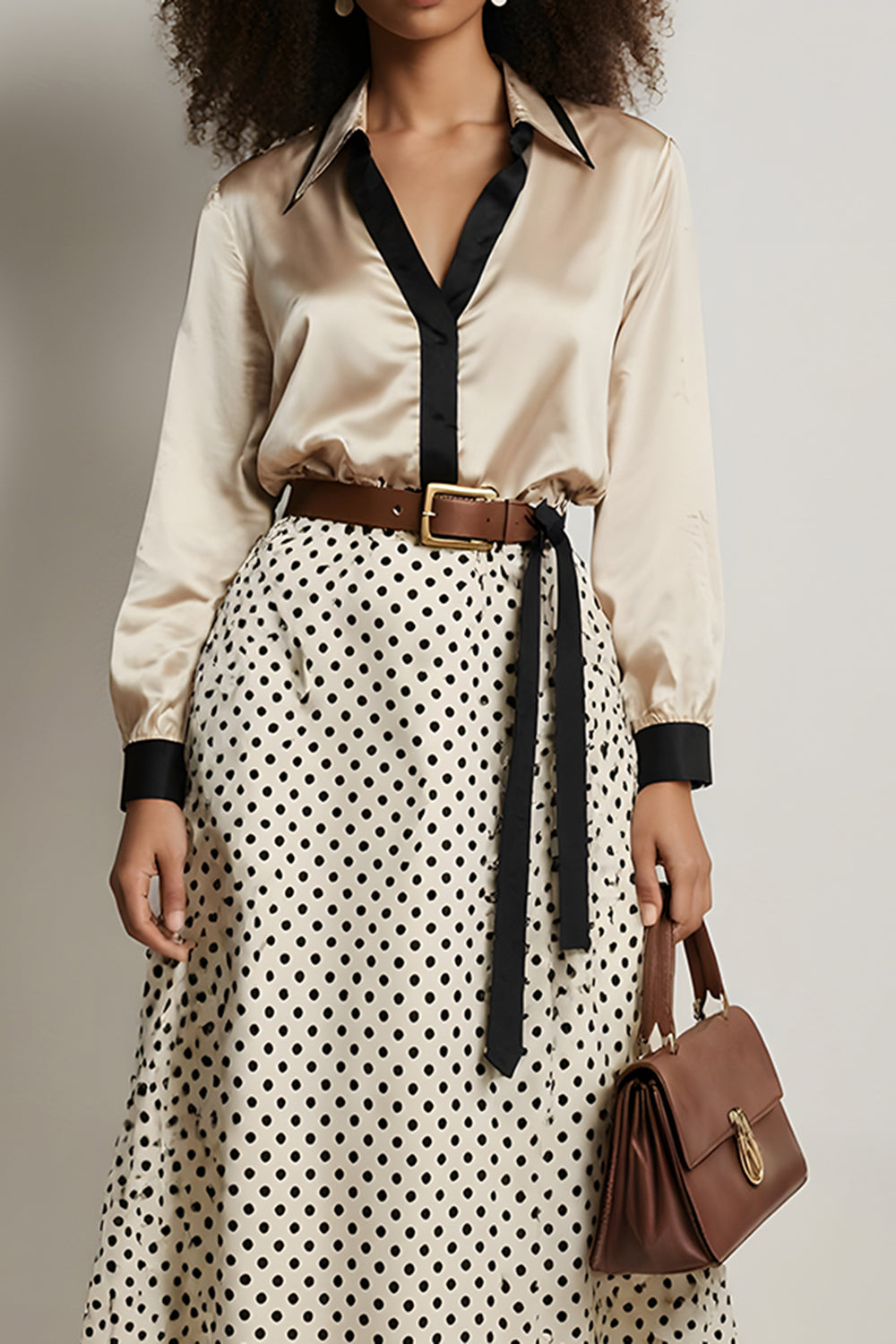 Champagne 2 Piece A-Line Satin Polka Dot Long Sleeves Midi Workwear