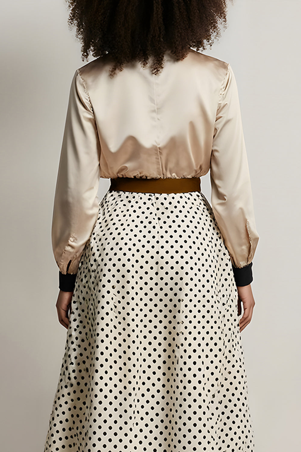 Champagne 2 Piece A-Line Satin Polka Dot Long Sleeves Midi Workwear