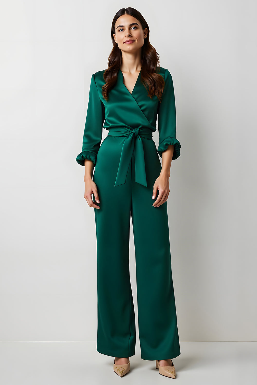 Dark Green V-Neck Satin Long Sleeves Business Jumpsuits with Sash