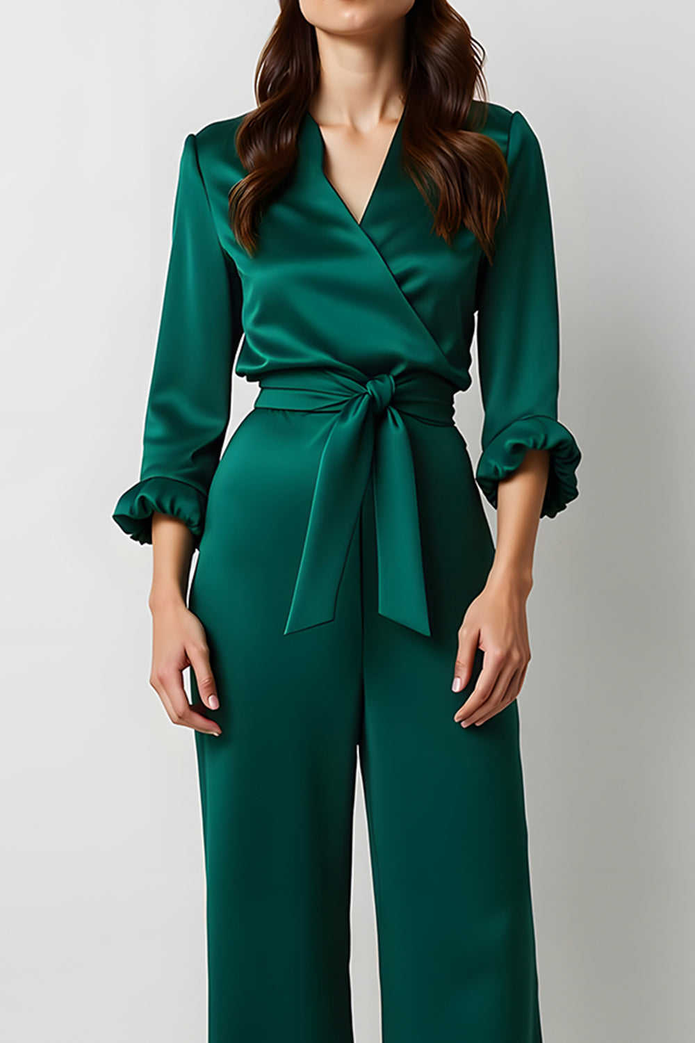 Dark Green V-Neck Satin Long Sleeves Business Jumpsuits with Sash
