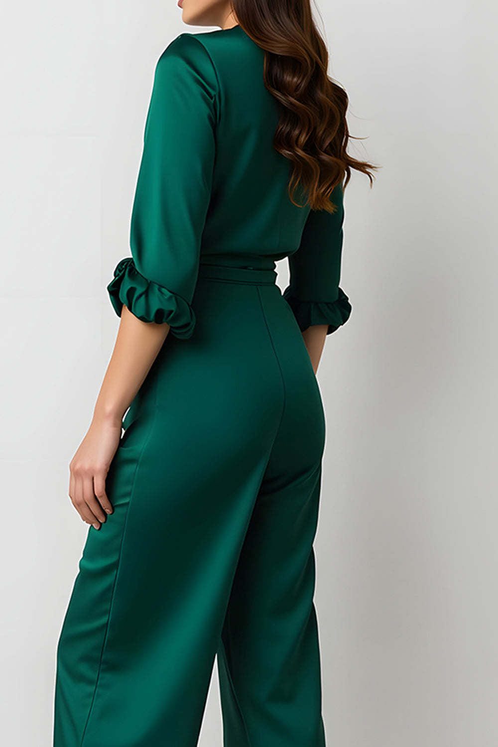 Dark Green V-Neck Satin Long Sleeves Business Jumpsuits with Sash