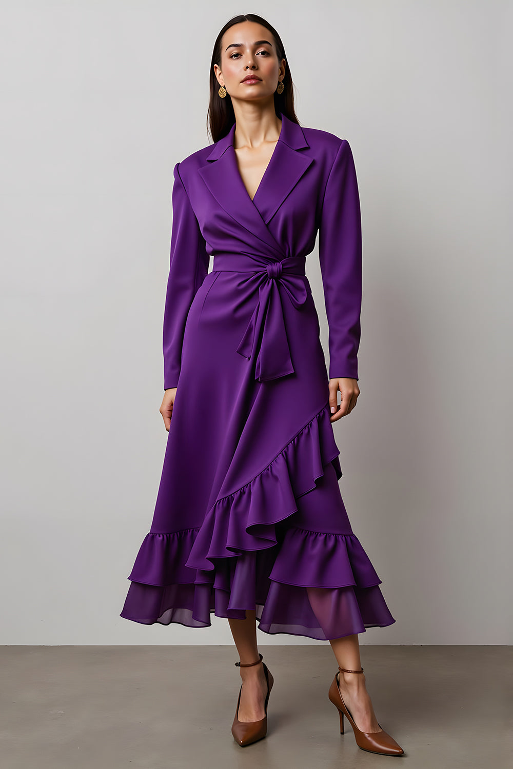 Dark Purple Satin A Line Notched Lapel Long Sleeves Work Dress with Ruffles