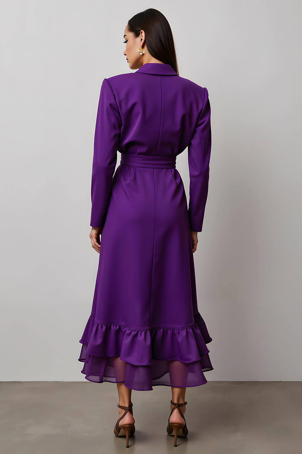 Dark Purple Satin A Line Notched Lapel Long Sleeves Work Dress with Ruffles