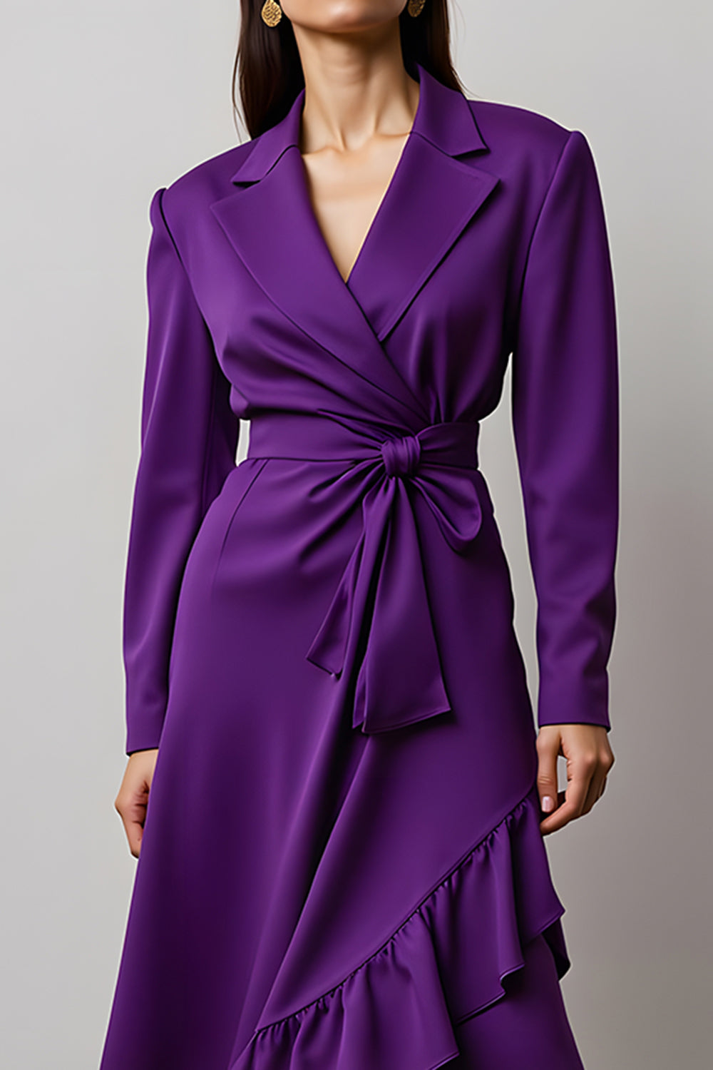 Dark Purple Satin A Line Notched Lapel Long Sleeves Work Dress with Ruffles