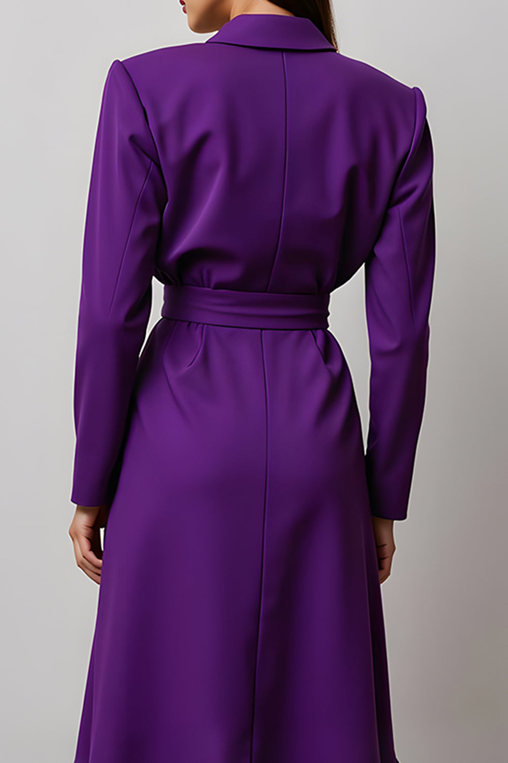 Dark Purple Satin A Line Notched Lapel Long Sleeves Work Dress with Ruffles