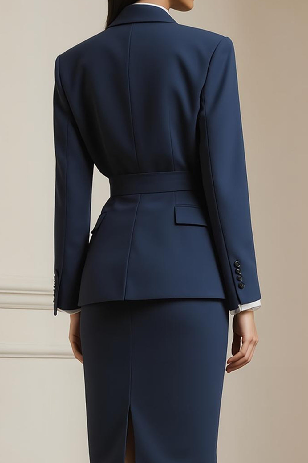 Navy 2 Piece Pencil Notched Lapel Long Sleeves Midi Business Suits with Belt