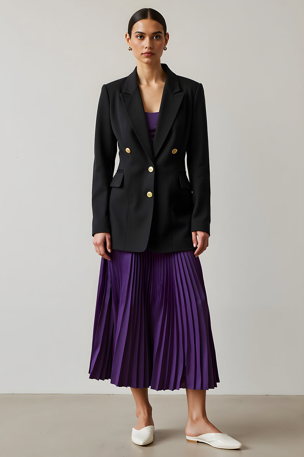 2 Piece Black and Purple  A-Line Pleated Peak Lapel Long Sleeves Business Suits