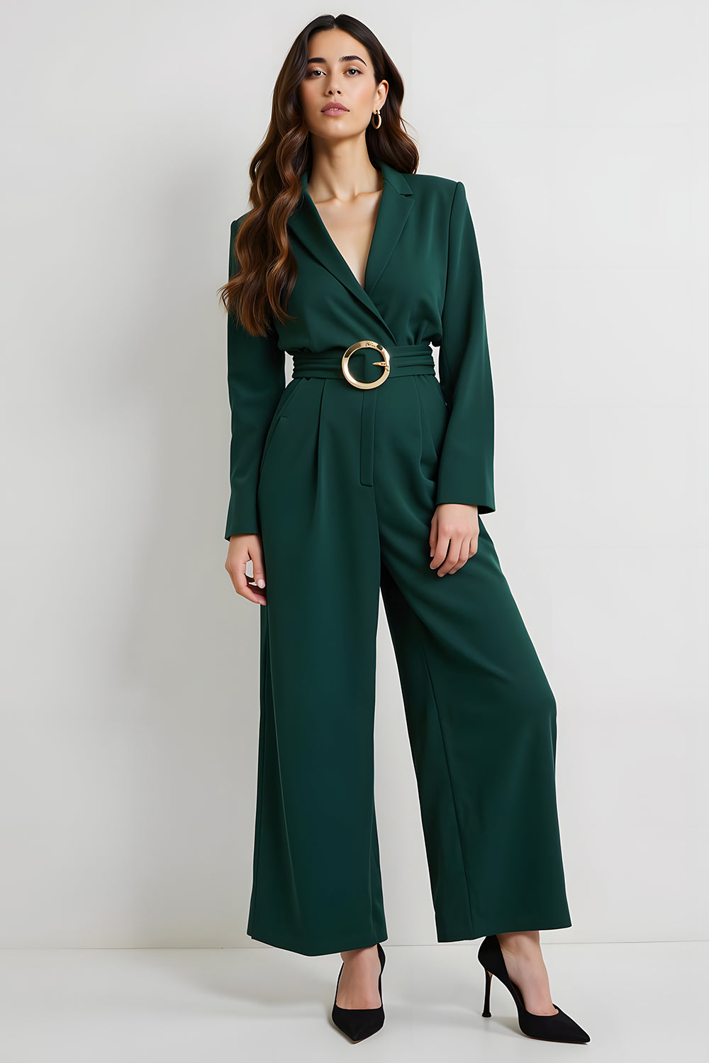 Dark Green Notched Lapel Long Sleeves Business Jumpsuits with Belt