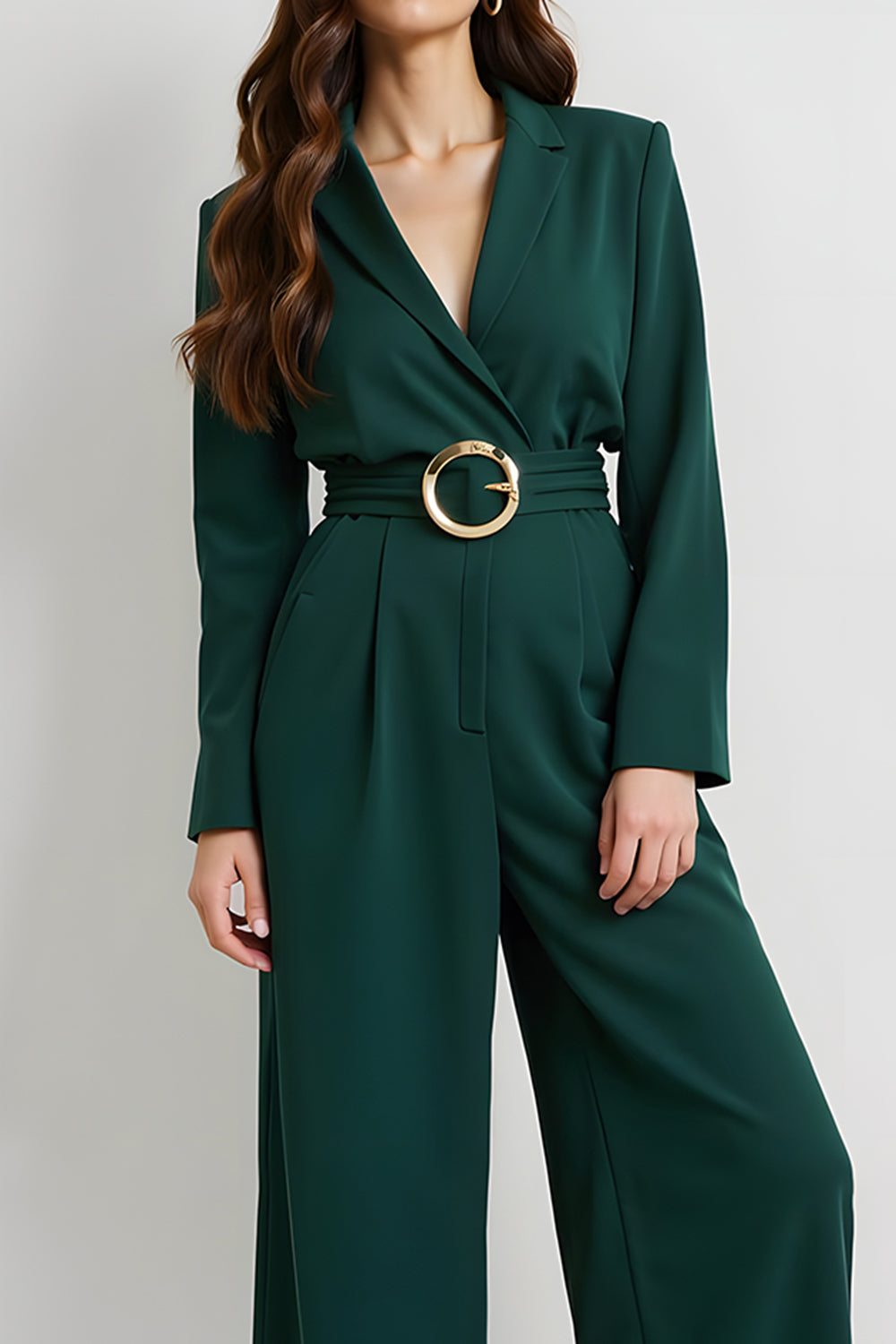 Dark Green Notched Lapel Long Sleeves Business Jumpsuits with Belt