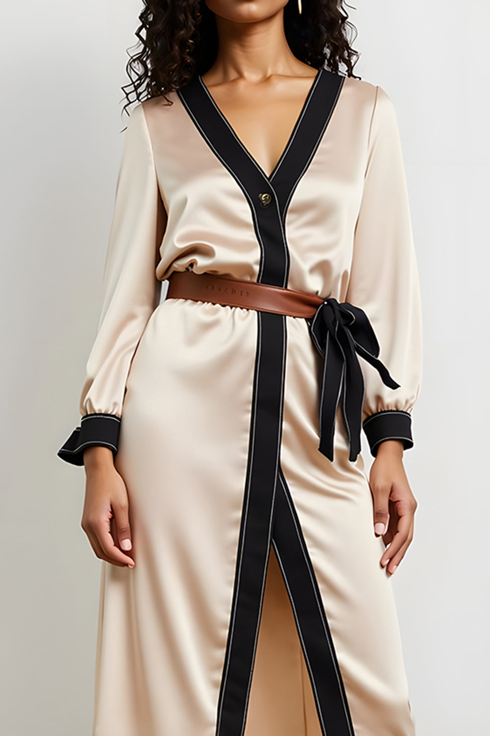 Champagne Pencil Satin V-Neck Long Sleeves Work Dress with Belt