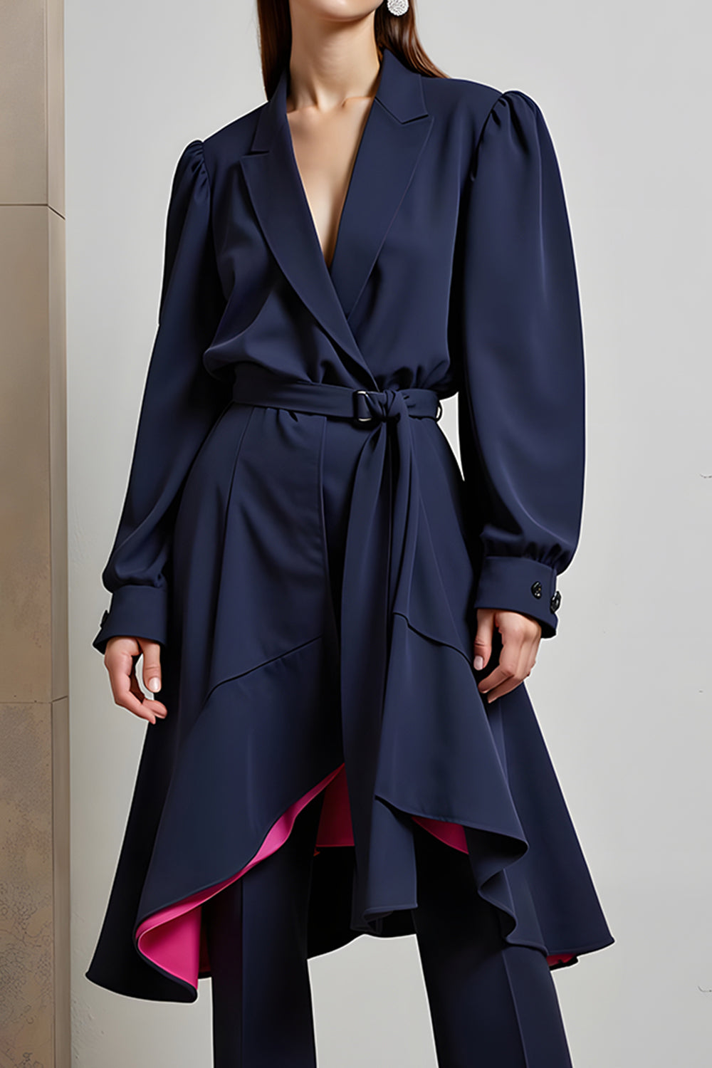 2 Piece Navy Peak Lapel Ruffled Long Sleeves Business Outfits with Sash