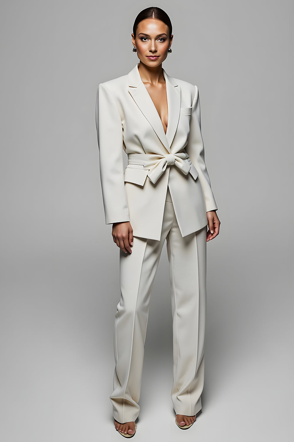Ivory 2 Piece Notched Lapel Long Sleeves Business Suits with Sash