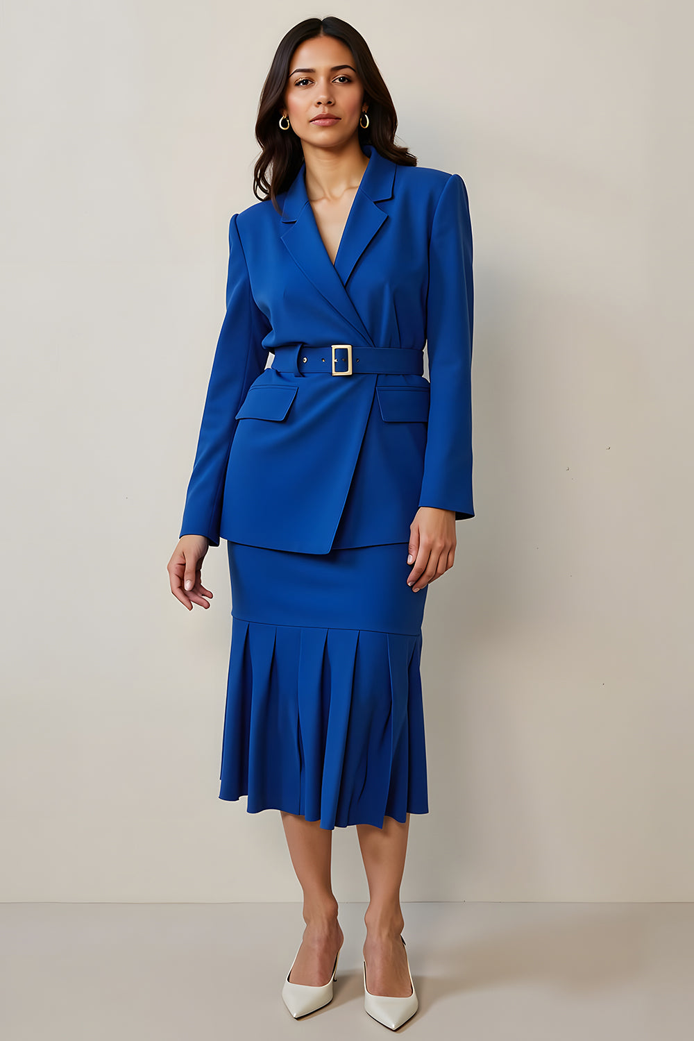  2 Piece Royal Blue Notched Lapel Pencil Long Sleeves Midi Business Suits with Belt