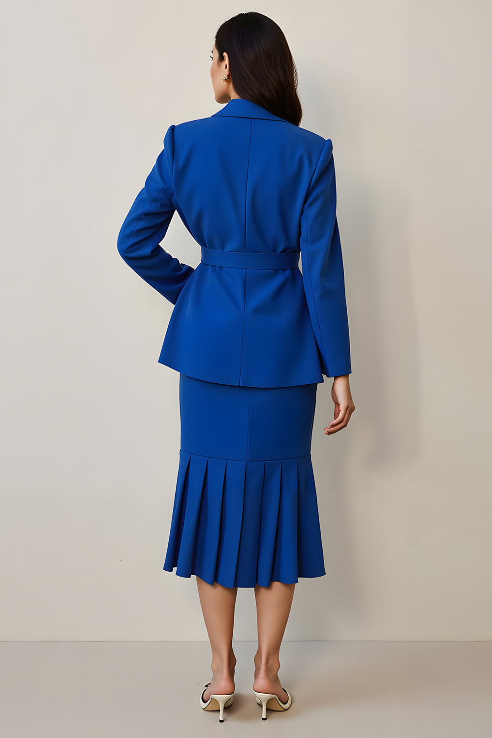  2 Piece Royal Blue Notched Lapel Pencil Long Sleeves Midi Business Suits with Belt
