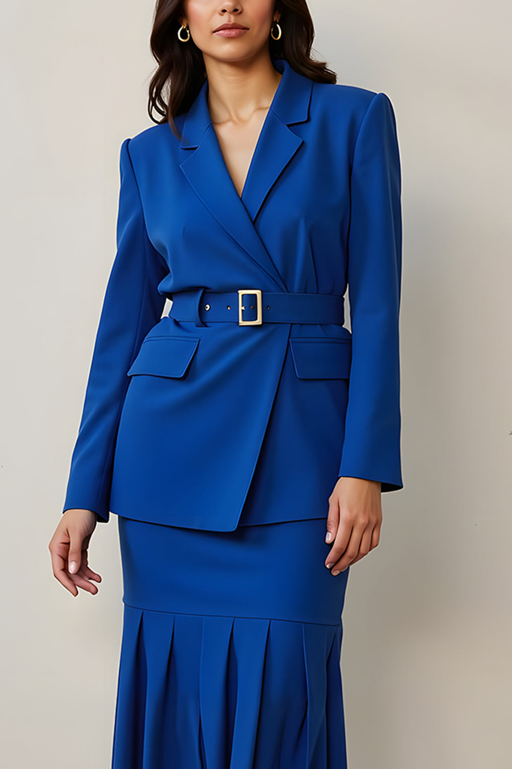  2 Piece Royal Blue Notched Lapel Pencil Long Sleeves Midi Business Suits with Belt