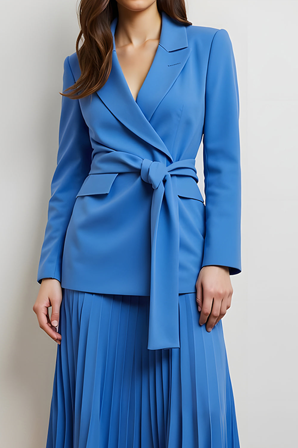 2 Piece Blue Peak Lapel Long Sleeves Pleated Midi Business Suits